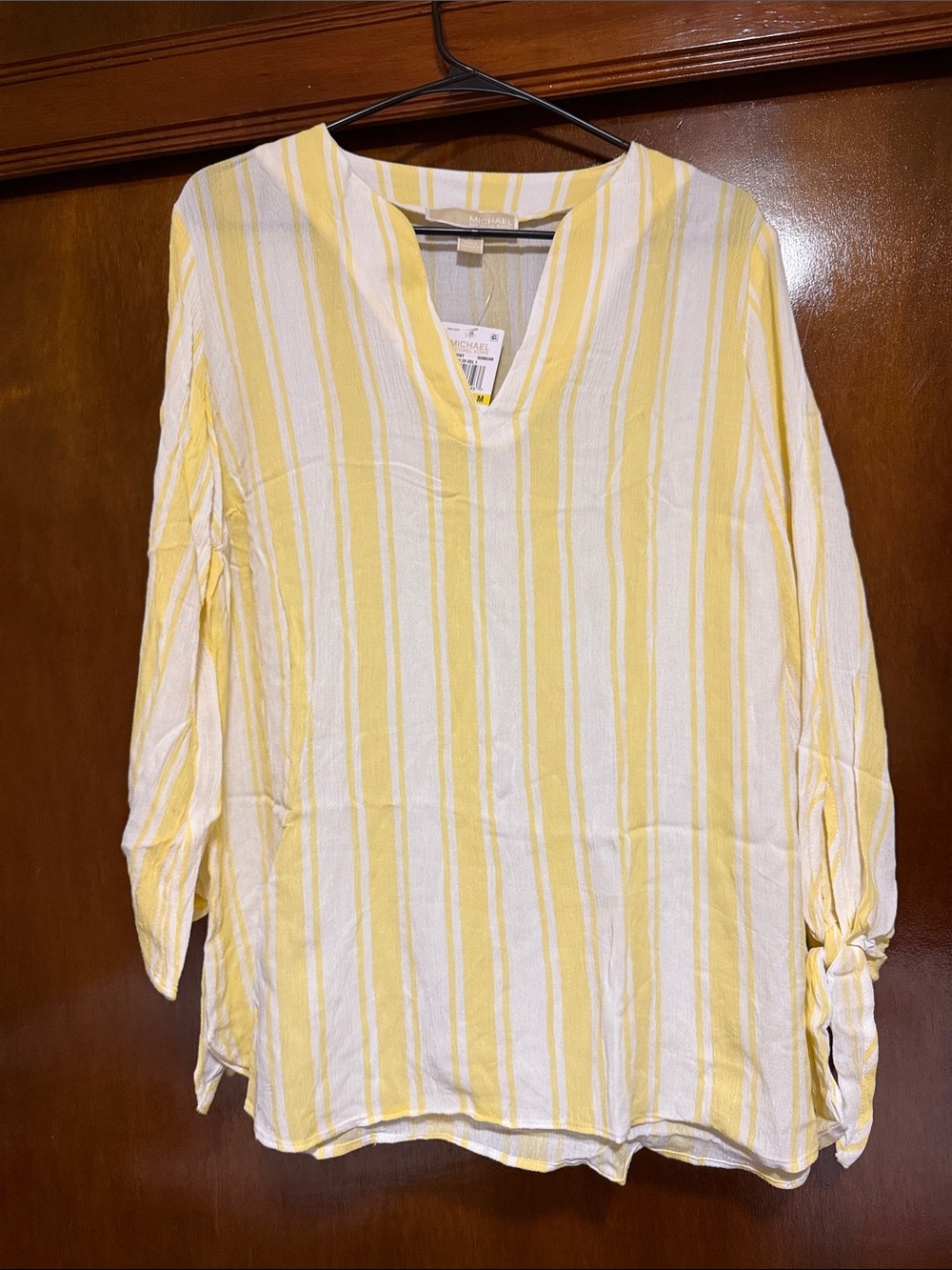 MICHAEL Michael Kors Yellow and White Striped V-Neck Tunic Blouse